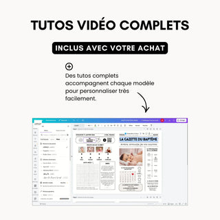 Tutos vidéo complets inclus avec la gazette : personnalisation pas à pas du modèle dans Canva.