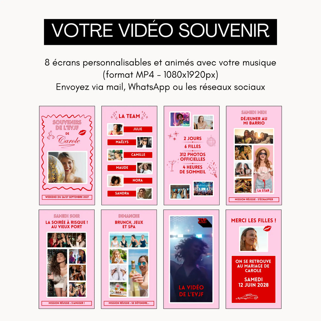 Les 8 écrans de la vidéo souvenir EVJF personnalisable avec Canva, à envoyer à toute la team.