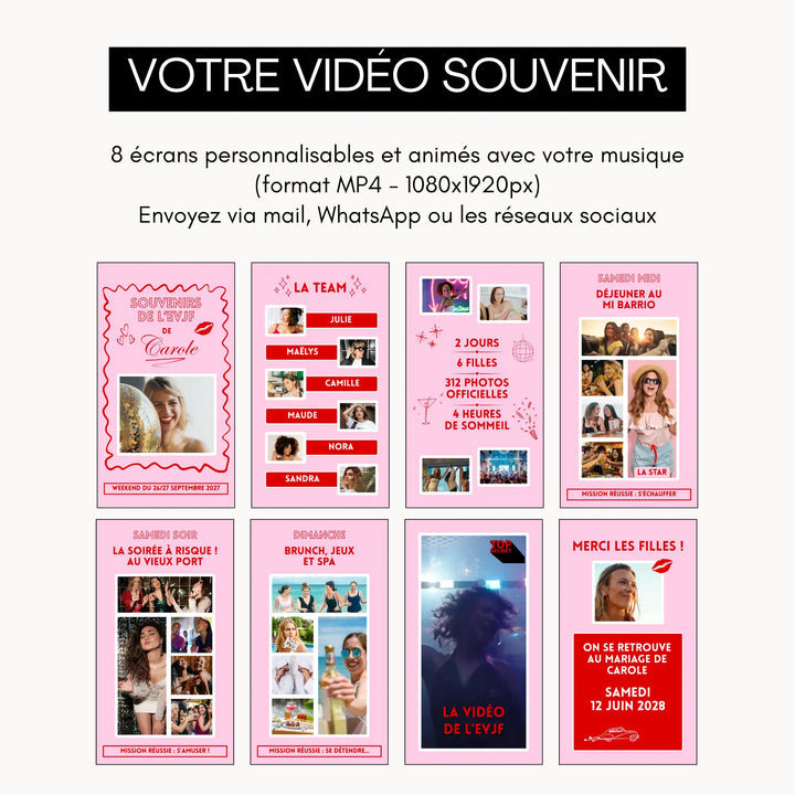 Les 8 écrans de la vidéo souvenir EVJF personnalisable avec Canva, à envoyer à toute la team.