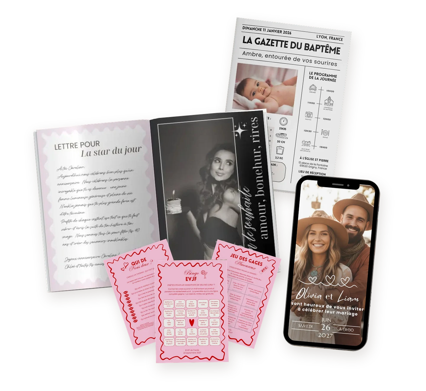 Magazine anniversaire ouvert, gazette de baptême, invitation de mariage sur téléphone et trois jeux EVJF en éventail.
